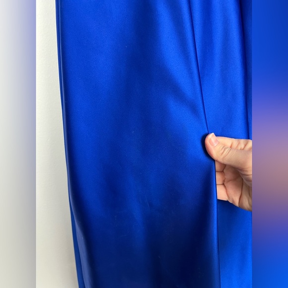 Jovani Blue Lace High Neck Lace Bodice Satin Long Dress Corset Back - Picture 14 of 16